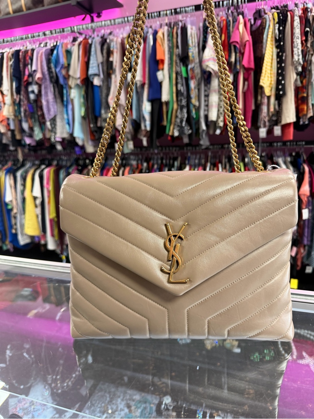 Saint Laurent Beige Chevron Quilted Leather Shoulder Bag with Gold Hardware